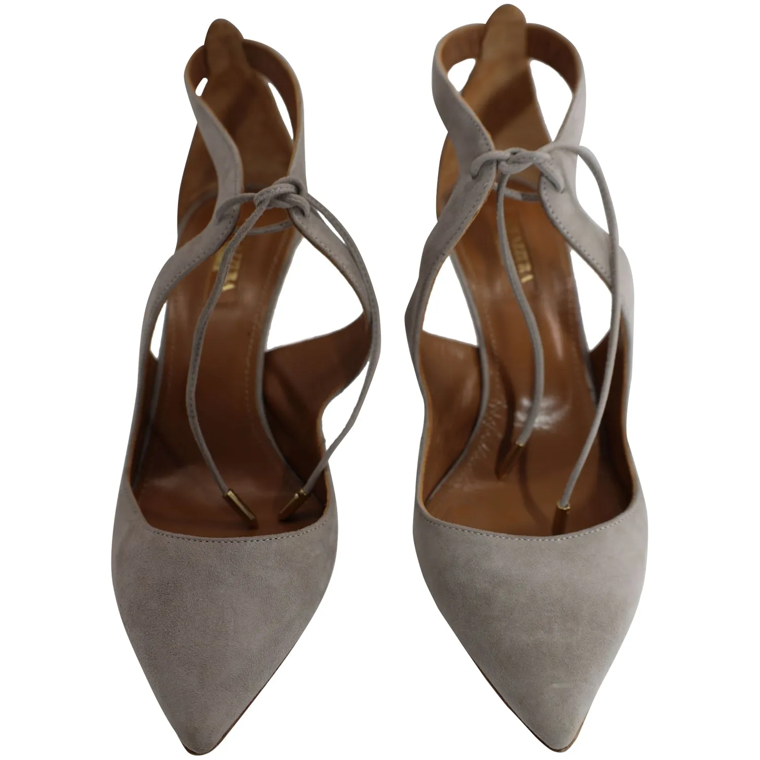 Aquazzura  Ankle Lace Heel Sandals in Grey Suede