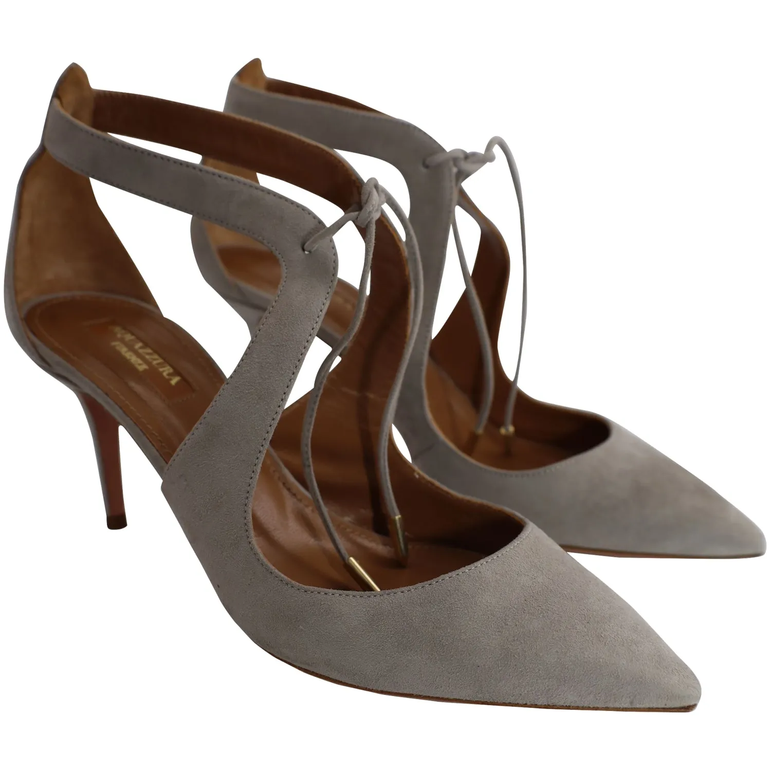 Aquazzura  Ankle Lace Heel Sandals in Grey Suede