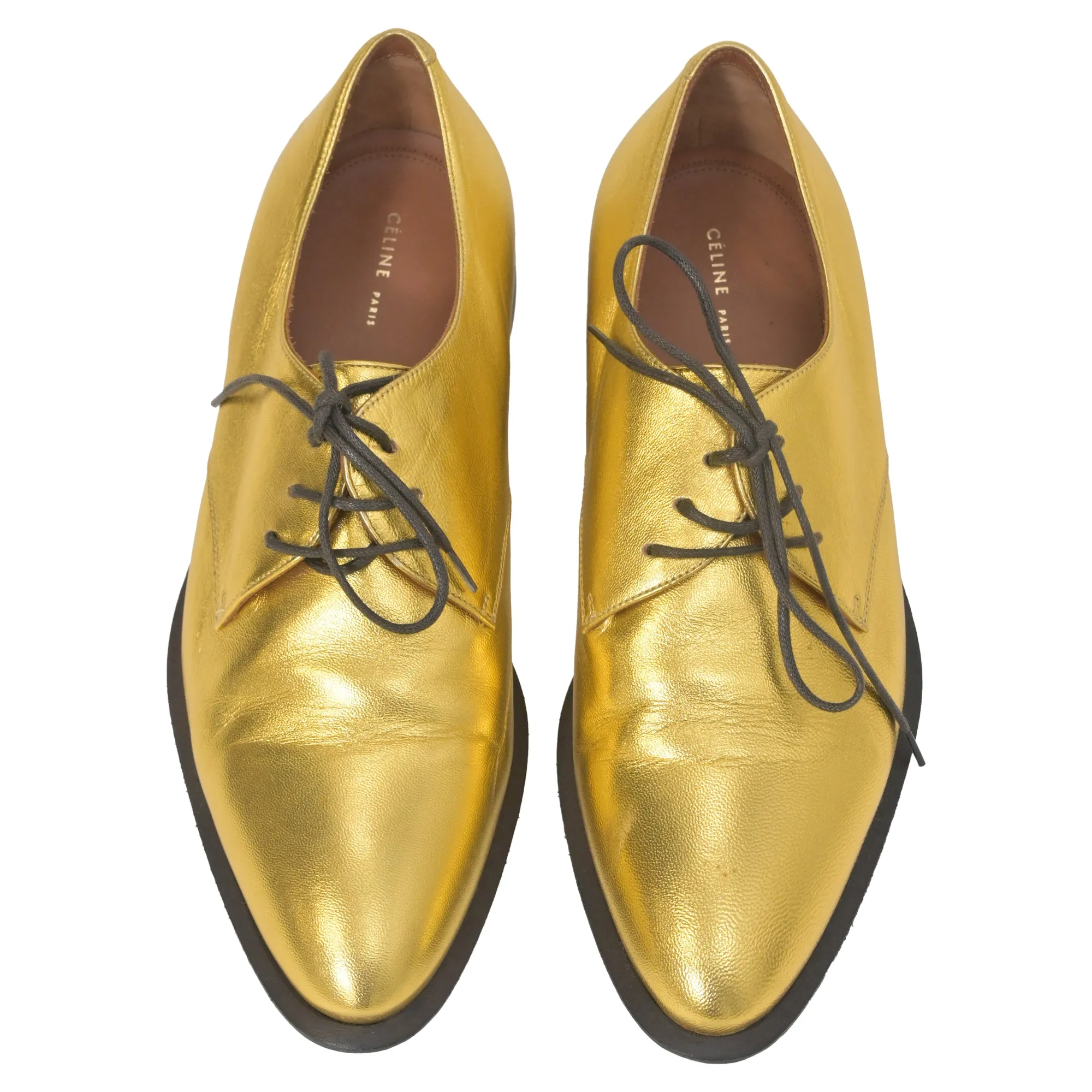Celine Lace-Up Oxford Shoes in Metallic Gold Leather
