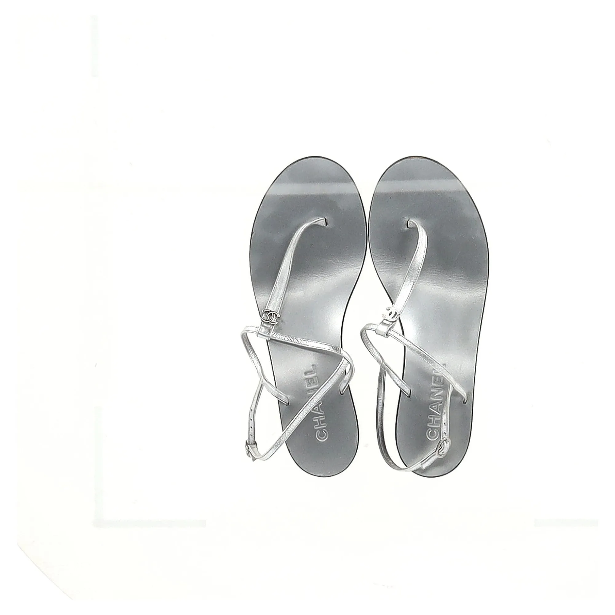 Chanel T-Strap Sandals in Silver Leather