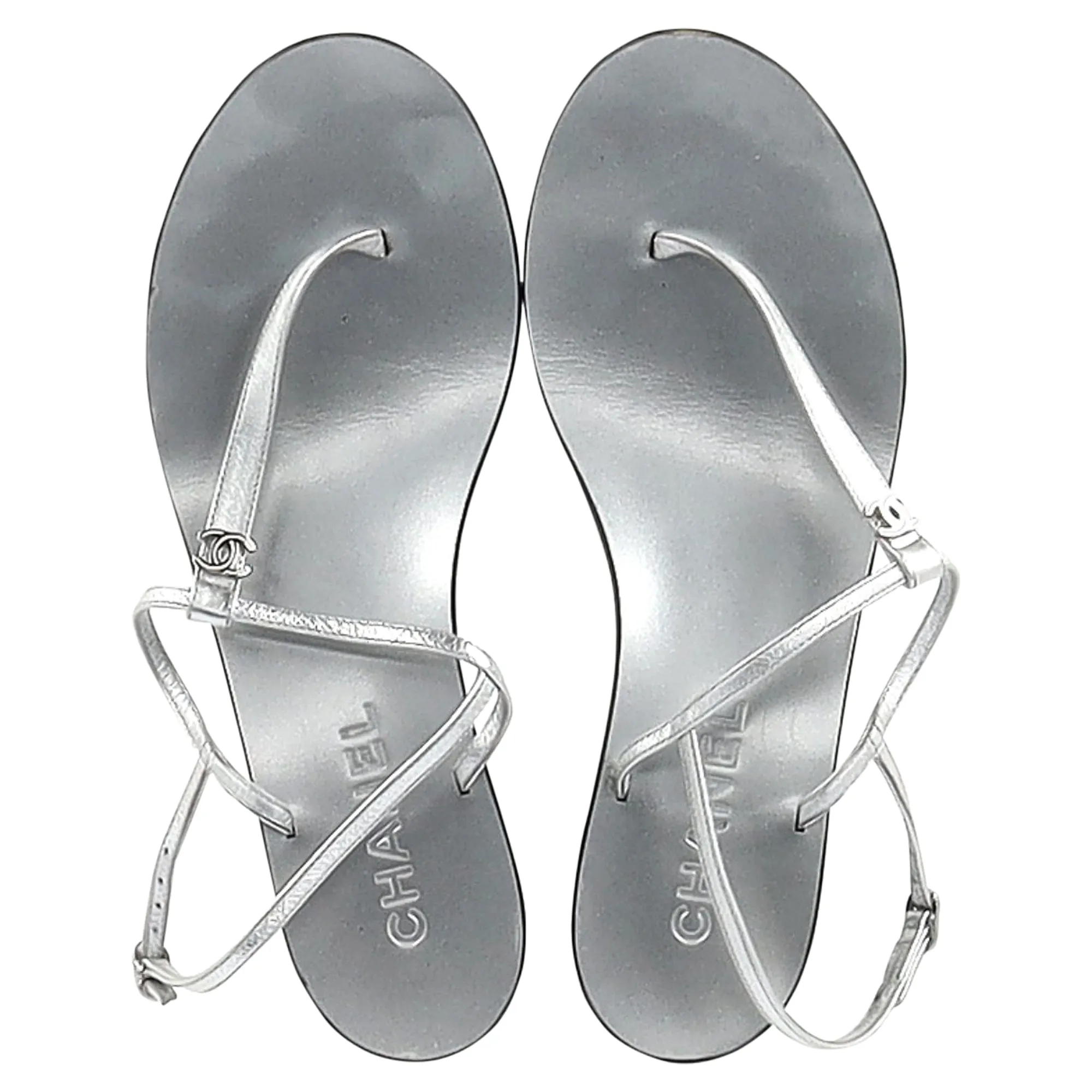 Chanel T-Strap Sandals in Silver Leather