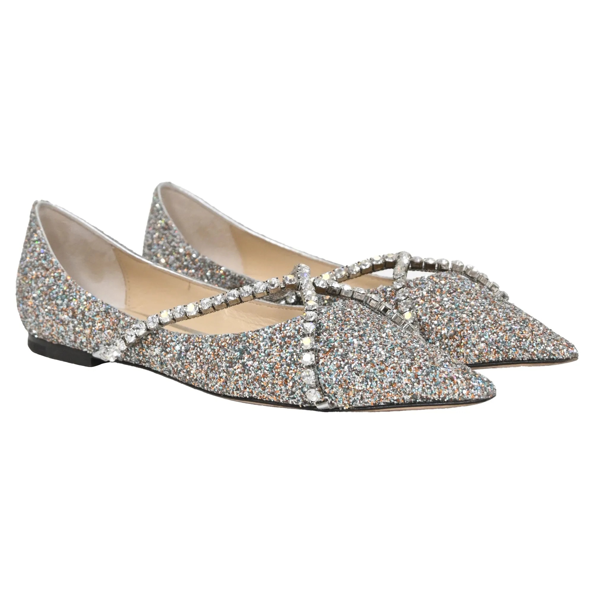 Jimmy Choo Genevi Crystal Embellished Ballet Flats in Silver Glitter