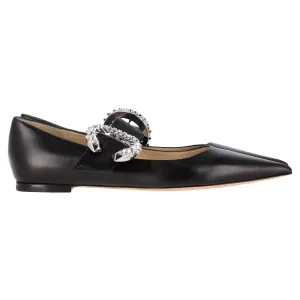 Jimmy Choo Melva Crystal-Embellished Point-Toe Ballet Flats in Black Leather