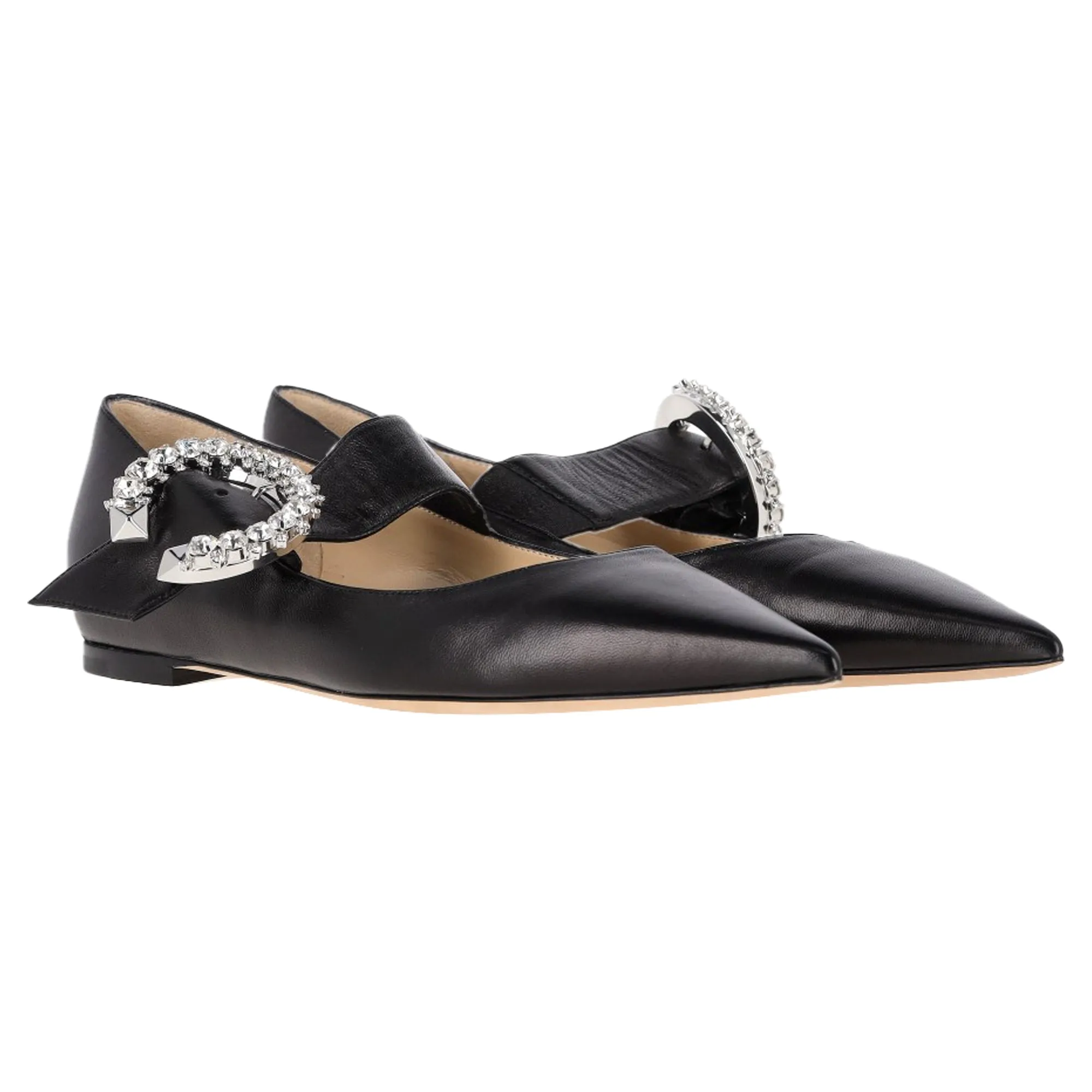 Jimmy Choo Melva Crystal-Embellished Point-Toe Ballet Flats in Black Leather