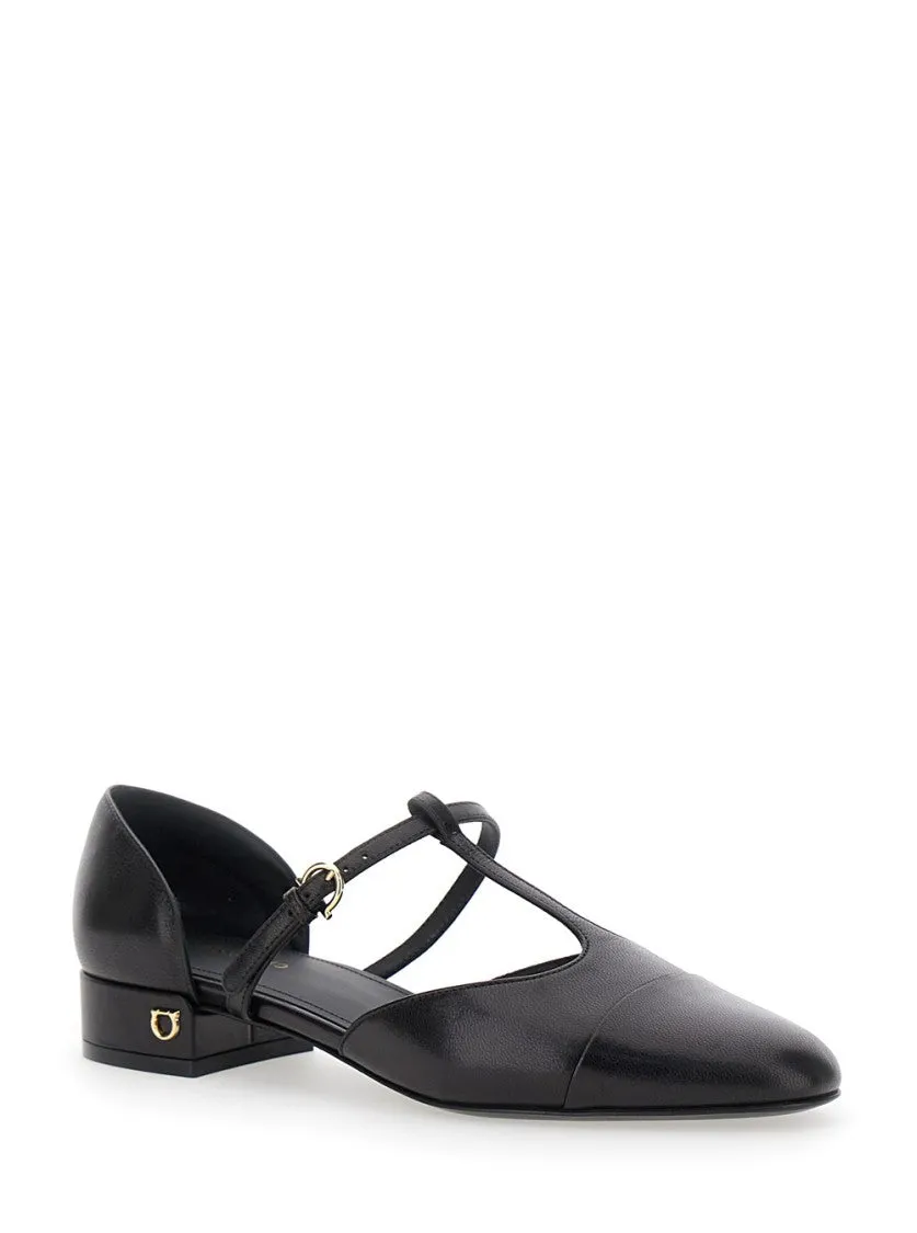 Lainette' Black Ballet Shoes With T-Strap And Round Toe In Leather