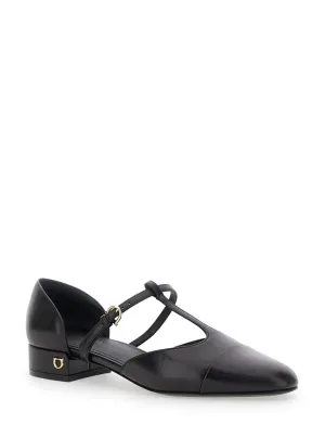 Lainette' Black Ballet Shoes With T-Strap And Round Toe In Leather