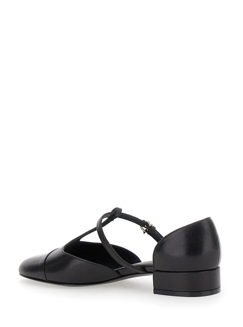 Lainette' Black Ballet Shoes With T-Strap And Round Toe In Leather