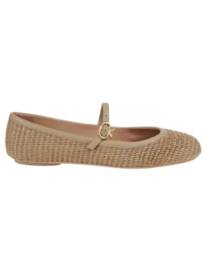 Leather And Woven Raffia Flat Ballerina