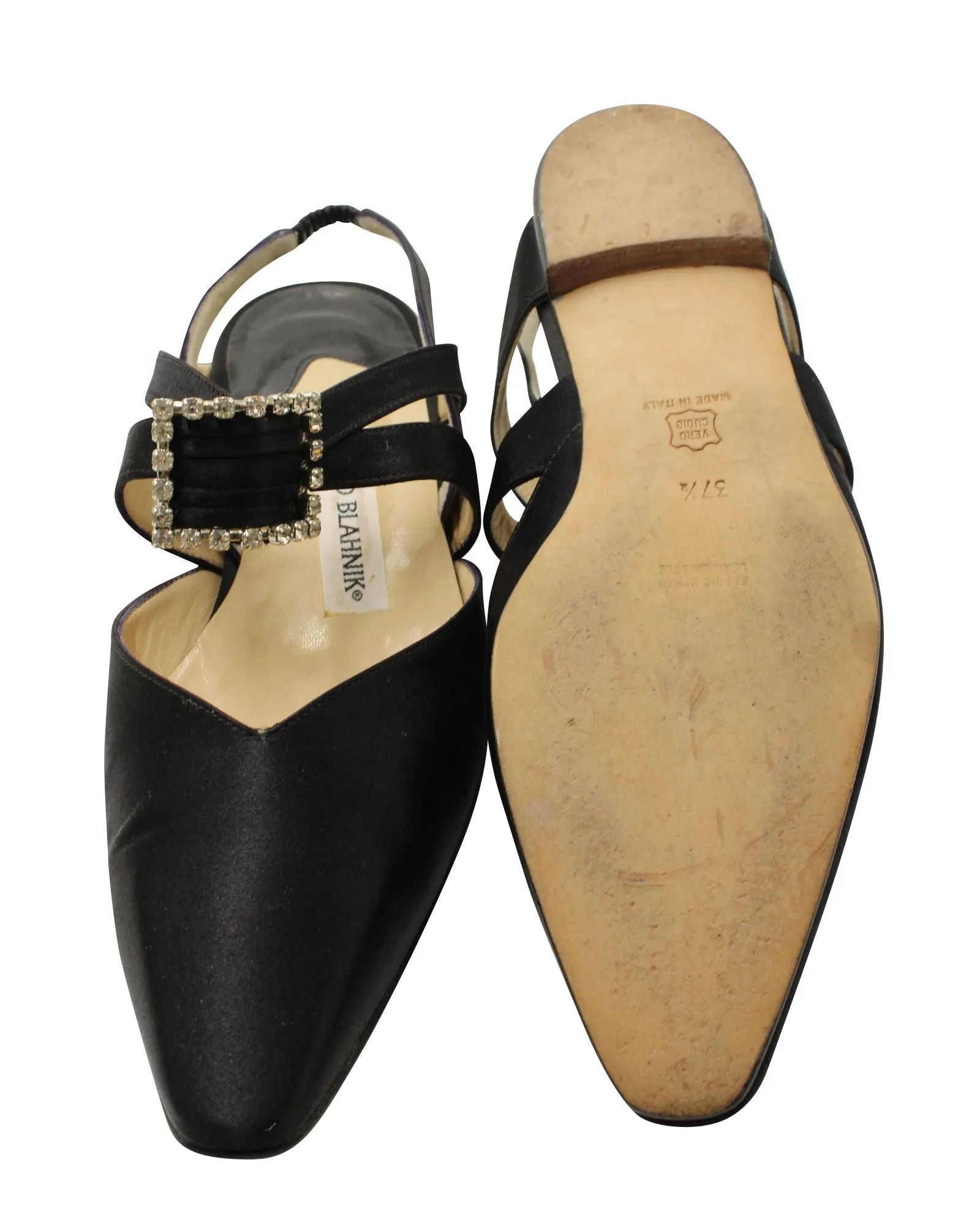 Manolo Blahnik Embellished Buckle Sandals in Black Satin