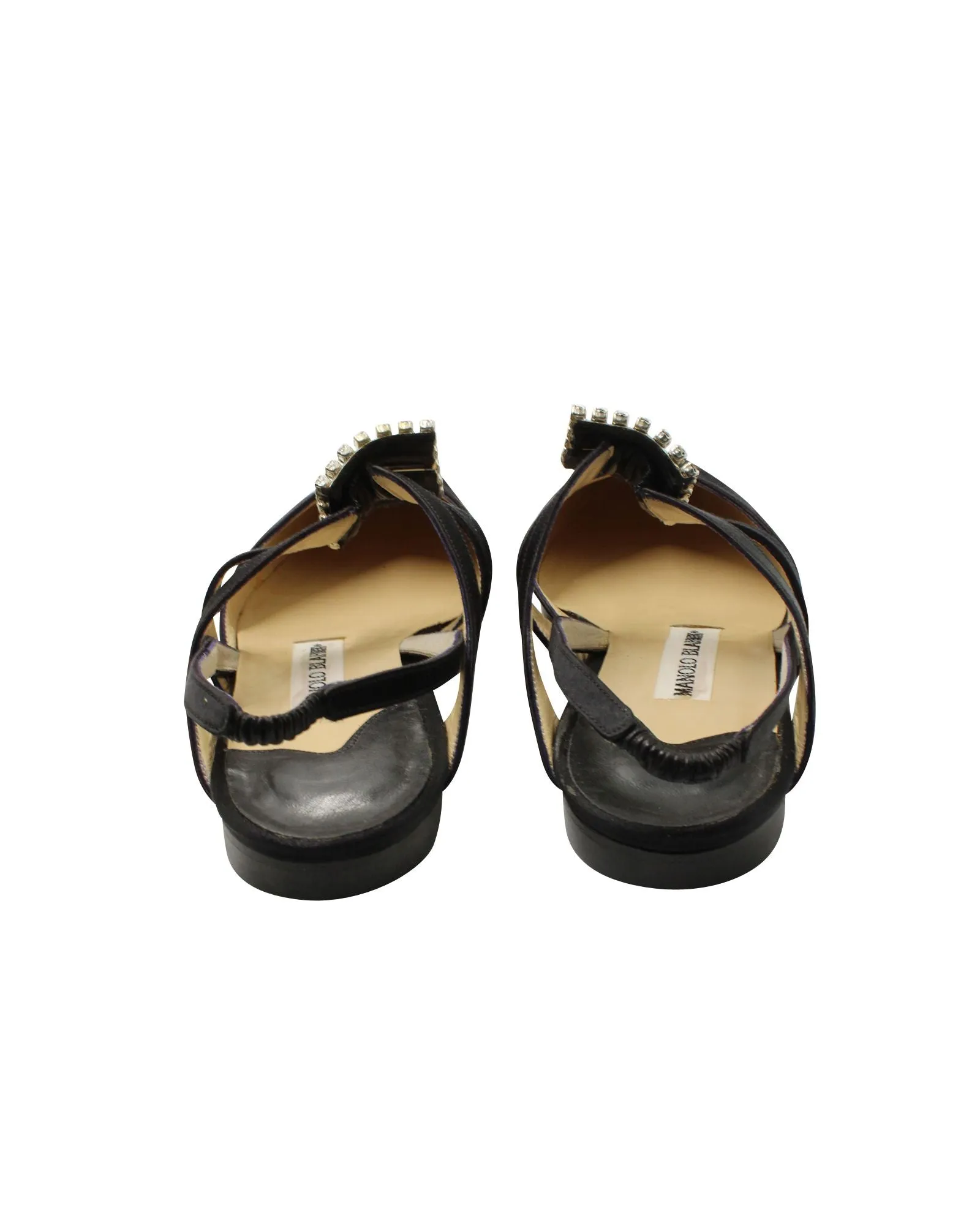 Manolo Blahnik Embellished Buckle Sandals in Black Satin