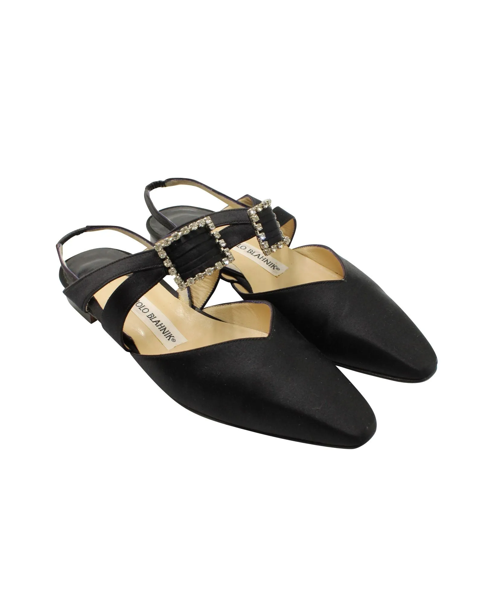 Manolo Blahnik Embellished Buckle Sandals in Black Satin