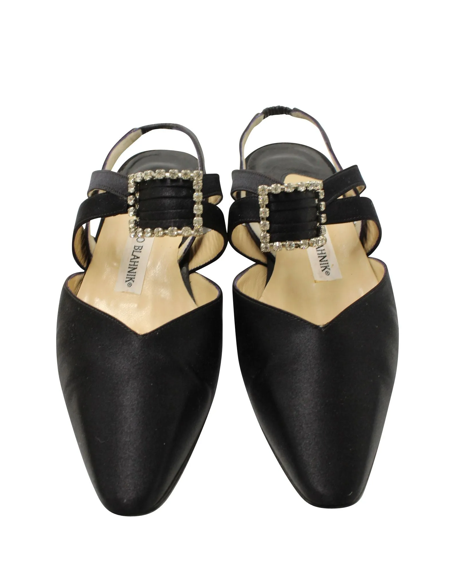 Manolo Blahnik Embellished Buckle Sandals in Black Satin