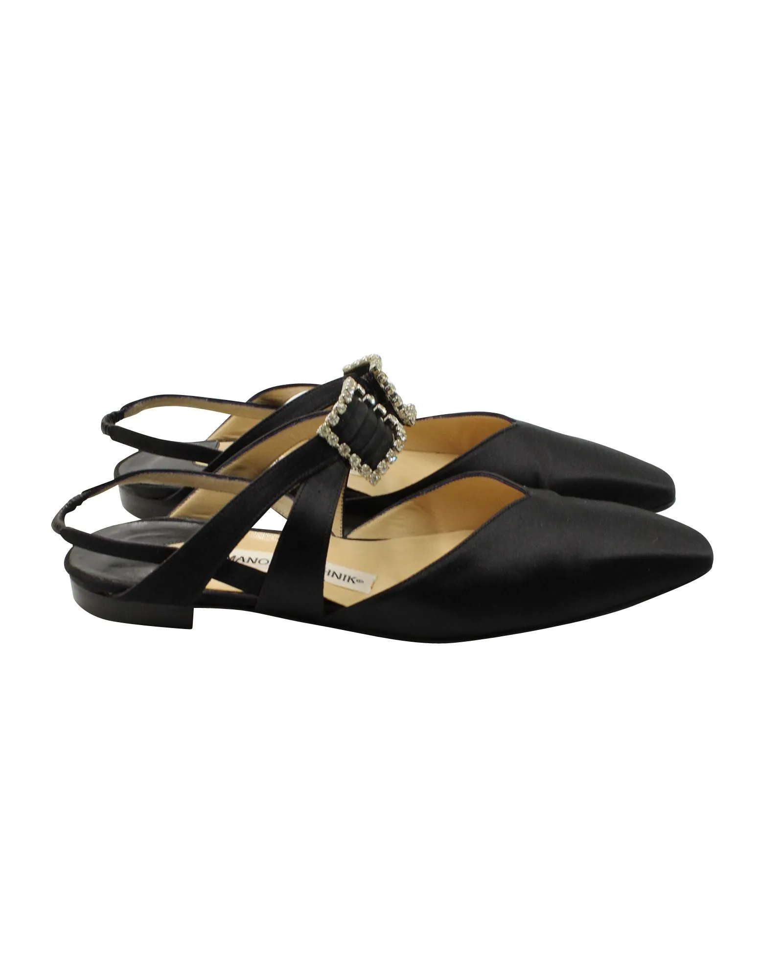 Manolo Blahnik Embellished Buckle Sandals in Black Satin