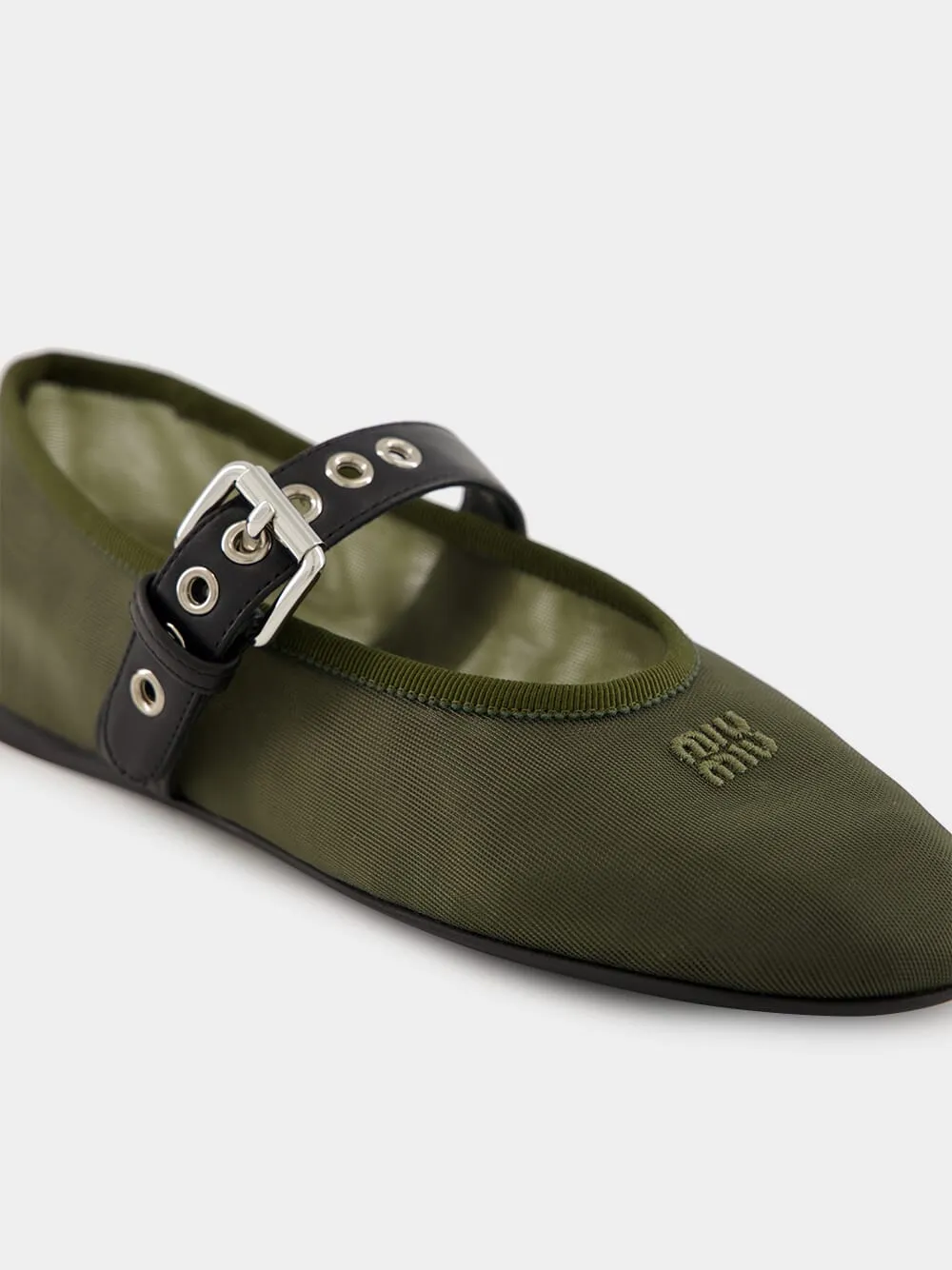 Olive Green Mesh Fabric Ballerinas