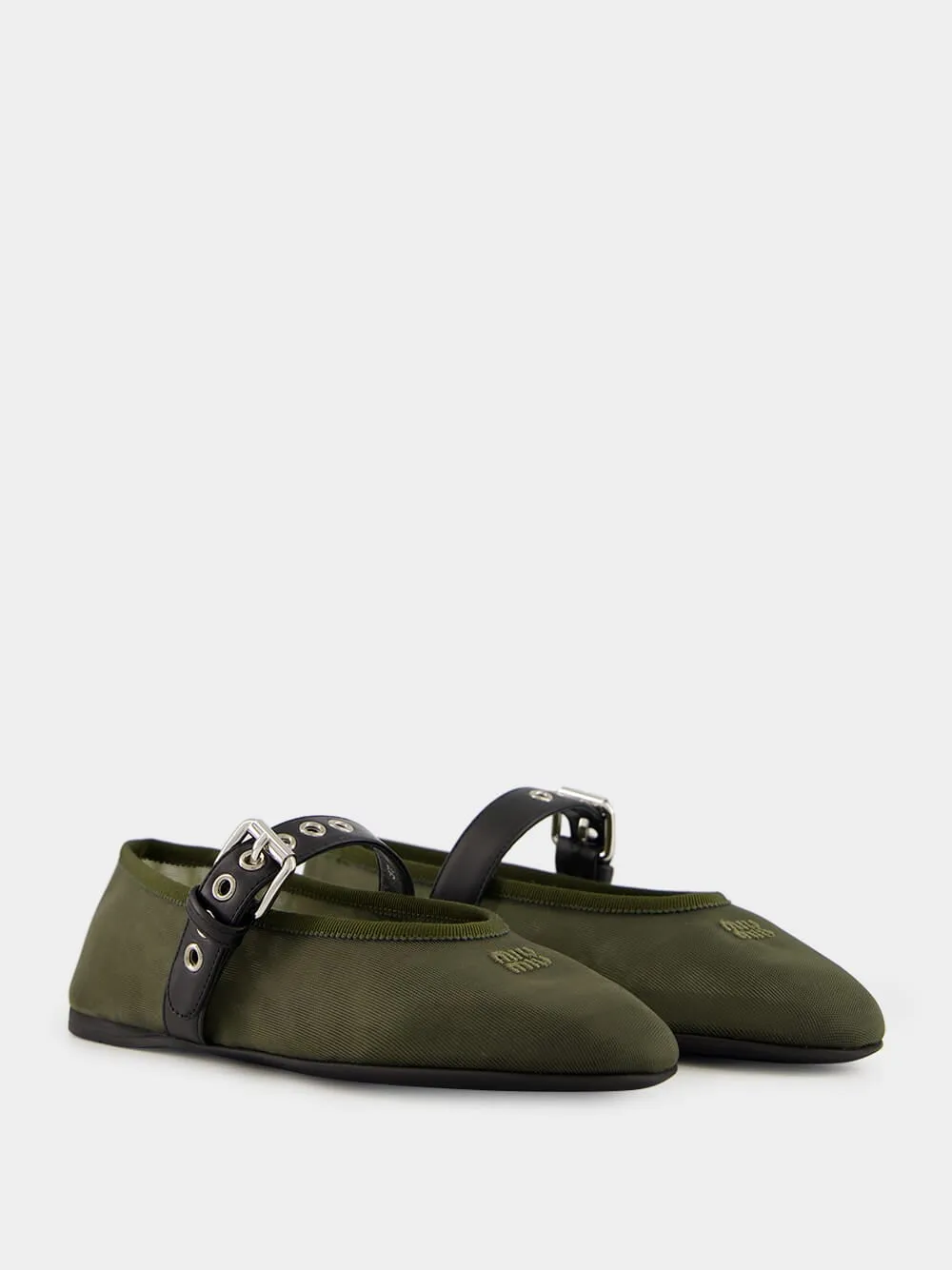 Olive Green Mesh Fabric Ballerinas