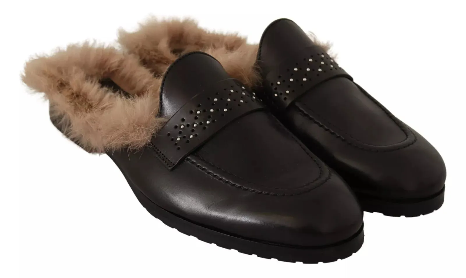 Peserico Leather Fur Perforated Slip On Flats Women's Shoes (Pre-Owned)