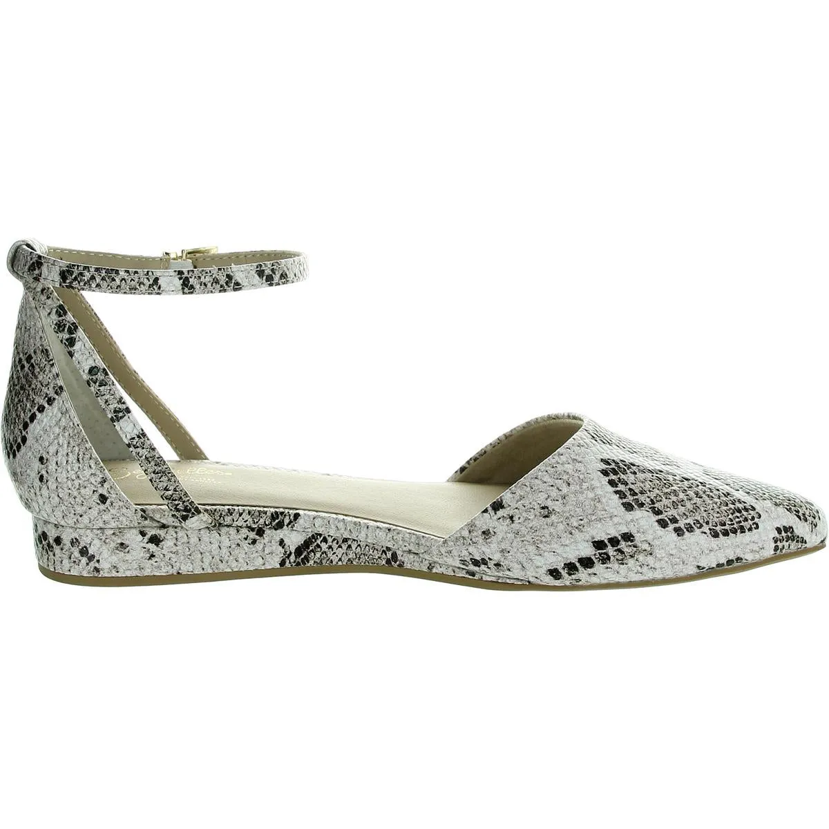 Plateau Womens Snake Print Ankle Strap Pointed Toe Flats