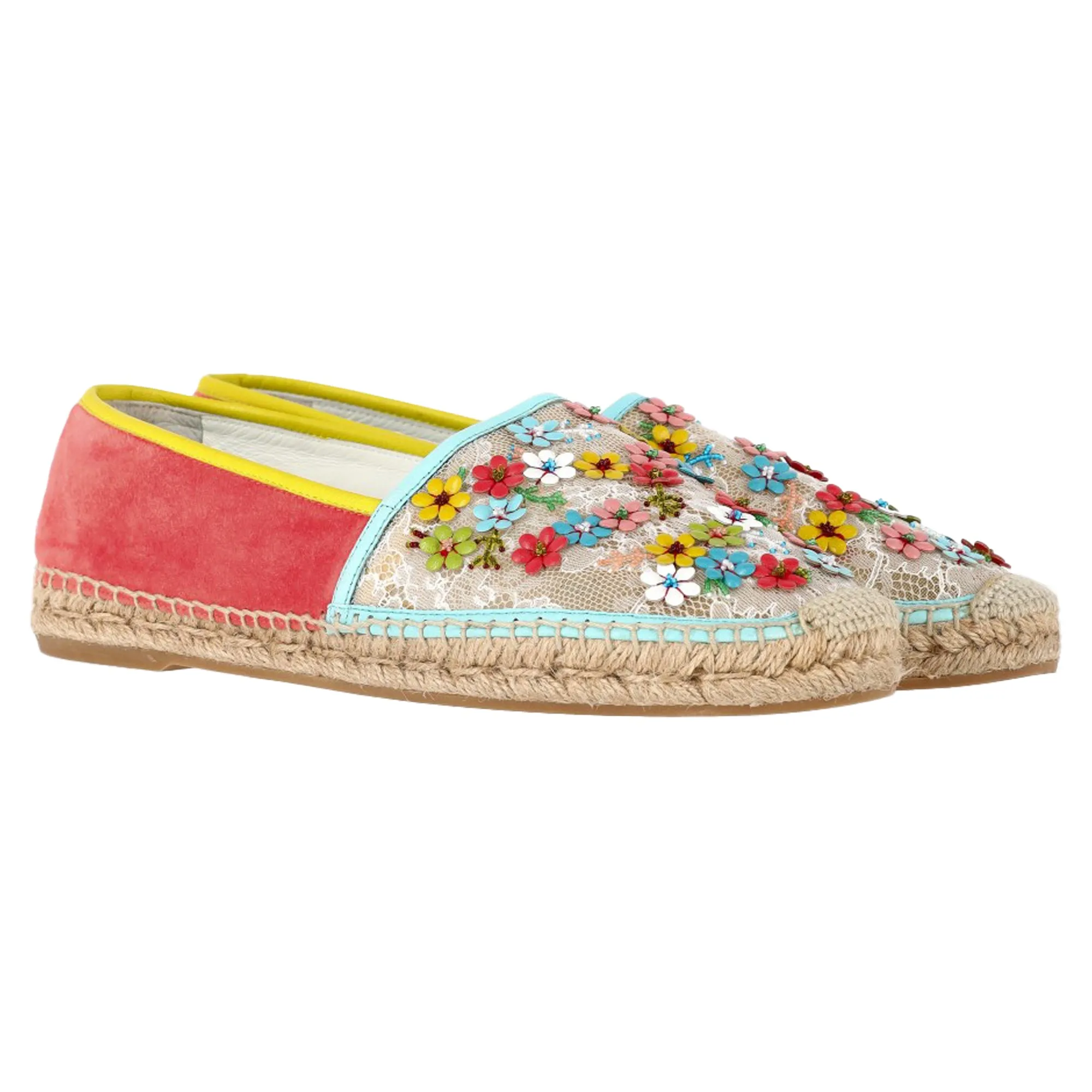 Ren Caovilla Flower-Embellished Espadrille Flats in Multicolor Polyester