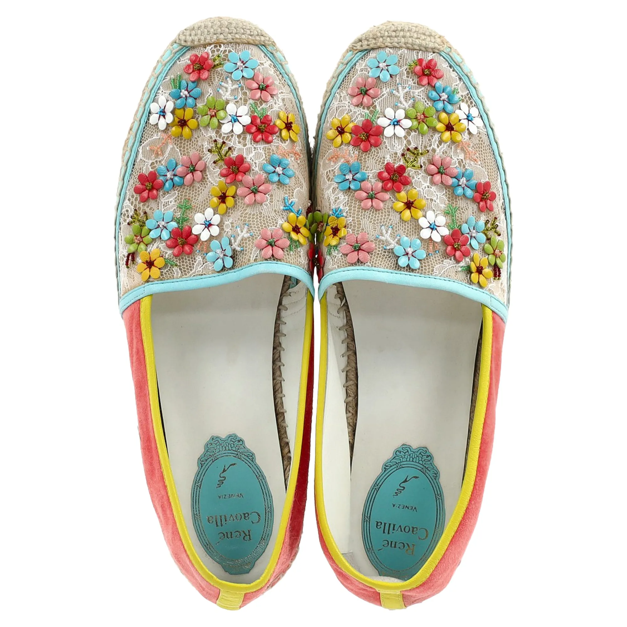 Ren Caovilla Flower-Embellished Espadrille Flats in Multicolor Polyester
