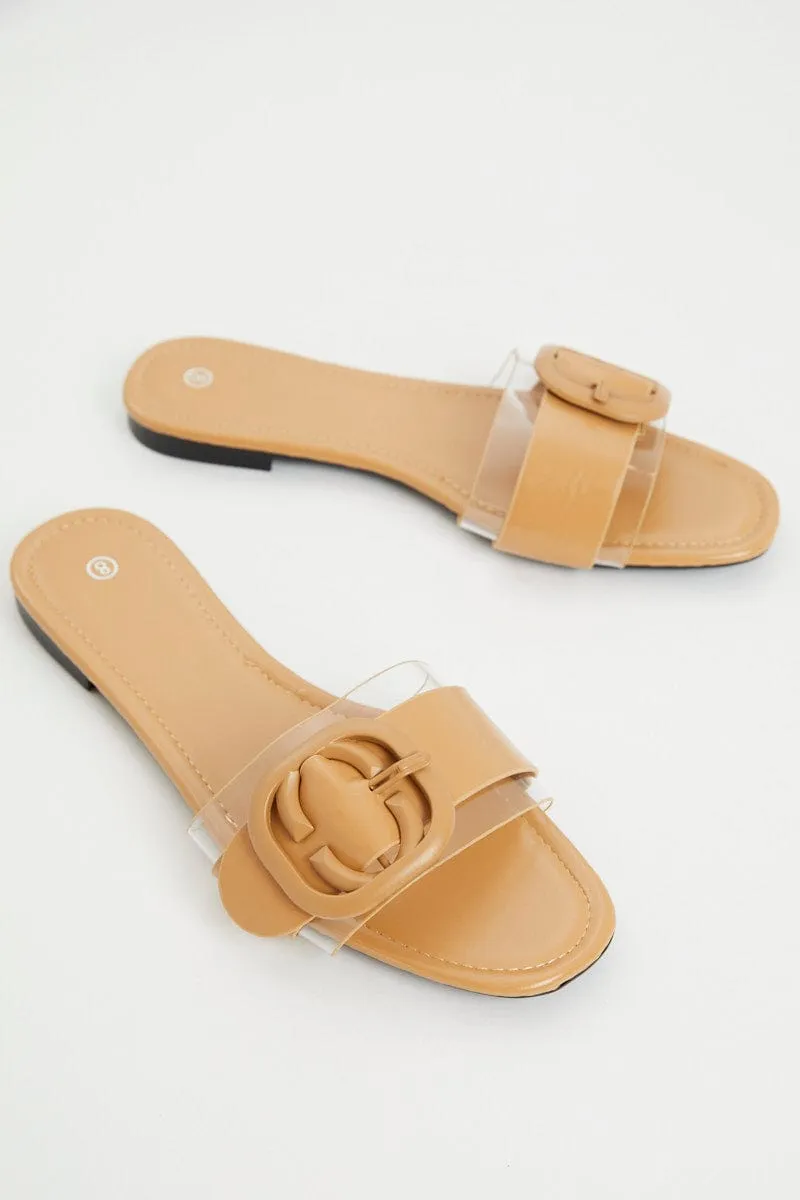 Yellow Buckle Detail Flat Slides